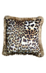 Square cushion in leopard-colored velvet with golden twisted trim 45 x 45