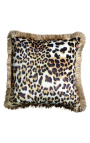 Square kudde i leopard-färgad sammet med gyllene vriden trim 45 x 45