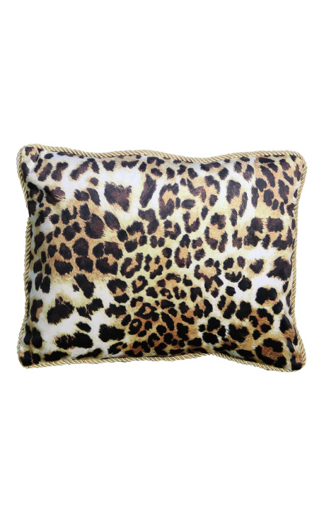 Rectangular cushion in leopard-colored velvet with golden twisted trim 35 x 45