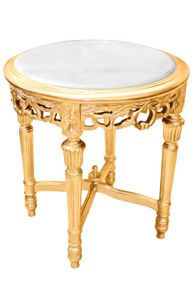 Apvalus Liudviko XVI stiliaus balto marmuro šoninis staliukas su aukso lapų mediena