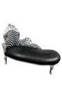 Grande chaise longue barroca preta imitação de couro e encosto de zebra e madeira prateada