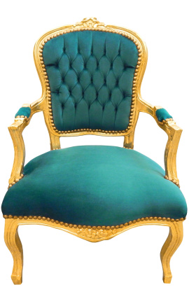 Baroque armchair of Louis XV style green velvet and gold wood