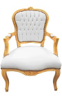 Sillón barroco Louis XV estilo piel blanca y madera de oro