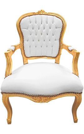 Barokki nojatuoli Louis XV tyyliin valkoinen keinonahka ja kultapuu