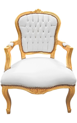 Barokové kreslo Louis XV Štýl Biela koženka a zlaté drevo - 1