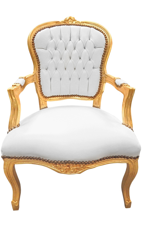 Barocker Sessel im Louis XV-Stil aus weißem Kunstleder und goldenem Holz