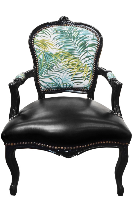 [Limited Edition] Baroka stila atzveltnes krēsls Luija XV apdrukāta lapotne un mākslīgā āda, melns koks