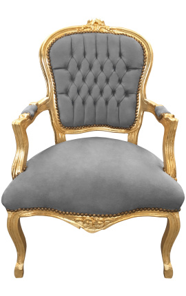 Butaca Lluís XV d'estil barroc de vellut gris i fusta daurada