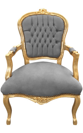 Fauteuil Louis XV de style baroque velours gris et bois doré