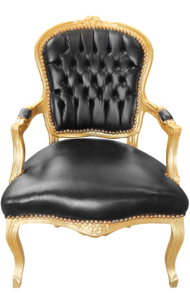 Barokke fauteuil van zwart kunstleer in Lodewijk XV-stijl en goudkleurig hout