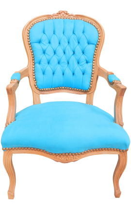 Fotel w stylu Ludwika XV turkusowy aksamit i naturalny kolor drewna