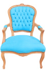 Fauteuil in turquoise fluweel in Lodewijk XV-stijl en natuurlijke houtkleur