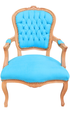 Fauteuil in turquoise fluweel in Lodewijk XV-stijl en natuurlijke houtkleur