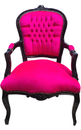 Baroque armchair of Louis XV style fushia velvet fabric and black lacquered wood