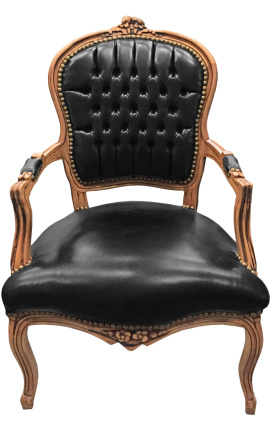 Lænestol i sort læder i Louis XV-stil og naturlig træfarve