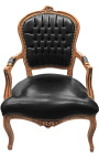 Fotel w stylu Ludwika XV, czarna ekoskóra i naturalny kolor drewna