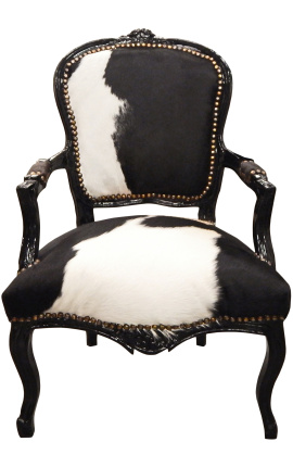Baroque armchair of Louis XV style with real black and white cow leather and black lacquered wood