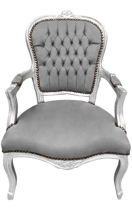 Fotoliu baroc de Louis XV stil catifea gri si lemn de argint - 1