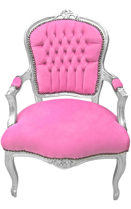 Fauteuil Louis XV de style baroque velours rose et bois argenté