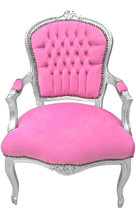 Baroque armchair of Louis XV style pink (rose) and silvered wood