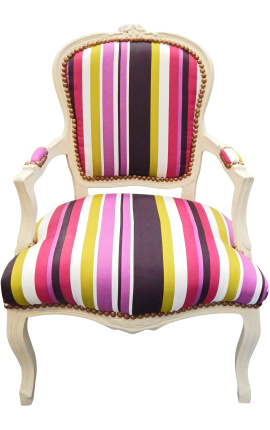 Fauteuil Louis XV de style baroque tissu rayé multicolore et bois beige