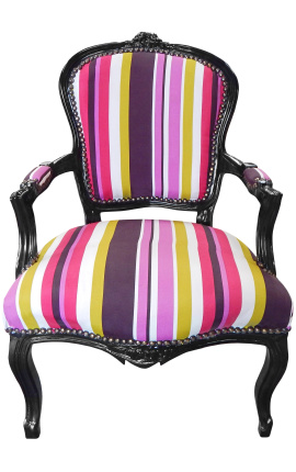 Fauteuil Louis XV de style baroque tissu rayé multicolore et bois noir