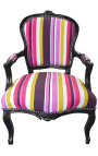 Barokk lenestol av Louis XV Stil Multicolor Stripes Fabric and Black Wood - 1