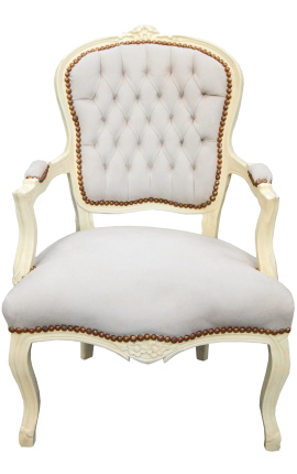 Poltrona barocca Luigi XV in velluto beige e legno beige