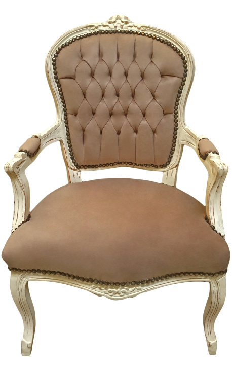 Baroka stila atzveltnes krēsls Louis XV stilā taupe mākslīgās ādas un bēša lakota koka