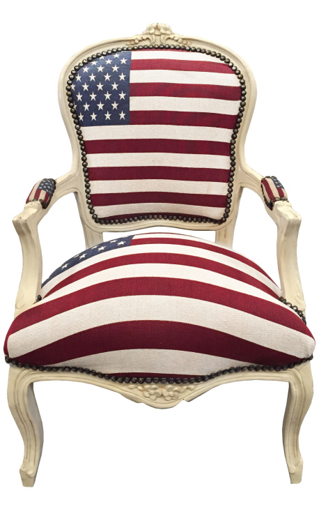 "American Flag" baroque armchair of Louis XV style and beige wood