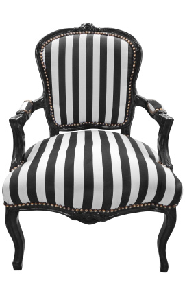 Fotel w stylu barokowym w stylu Ludwika XV w paski z czarno-białej tkaniny i czarnego lakierowanego drewna 