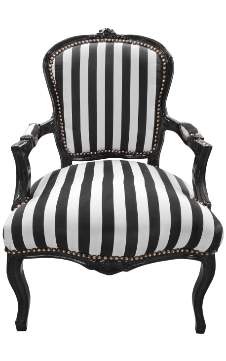 Fauteuil baroque de style Louis XV rayé noir et blanc et bois noir