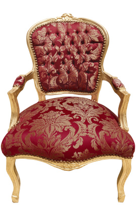 Fauteuil Louis XV de style baroque tissu satiné rouge aux motifs "Gobelins" et bois doré