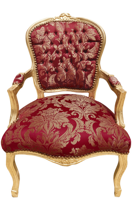 Fauteuil baroque de style Louis XV satiné rouge aux motifs "Gobelins" et bois doré