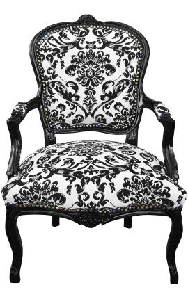 Barokna fotelja u stilu Luja XV s crnom cvjetnom tkaninom i crnim drvom