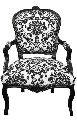 Poltrona Louis XV estilo barroco com tecido floral preto e madeira preta