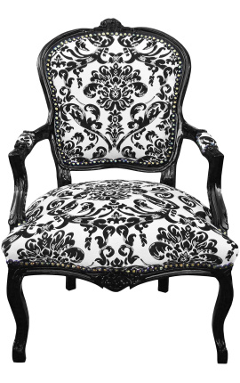 Poltrona Louis XV estilo barroco com tecido floral preto e madeira preta - 1