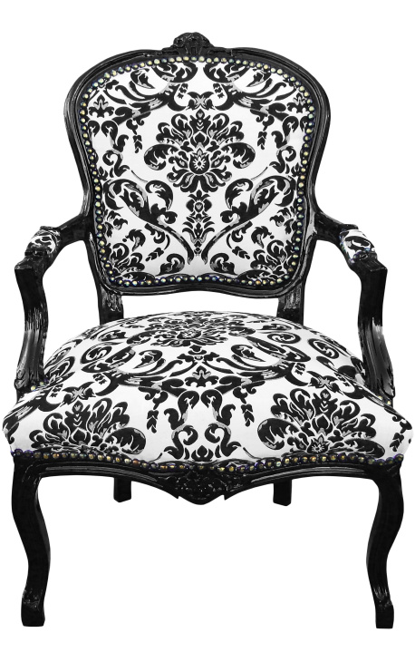 Fauteuil baroque de style Louis XV tissu motifs floraux noir et bois noir