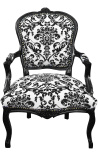 Baroque armchair of Louis XV style with black floral fabric and black wood