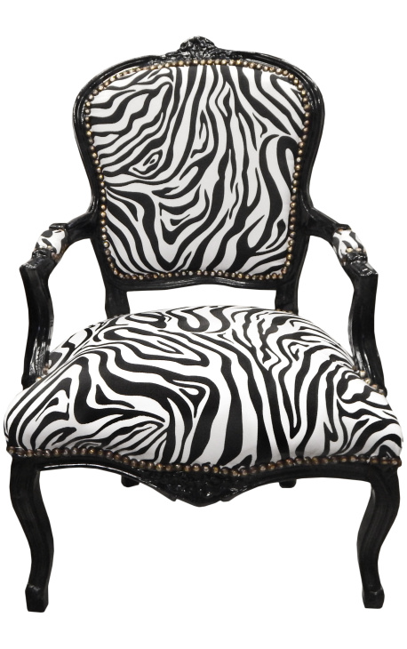 Baroque armchair Louis XV style zebra and black lacquered wood