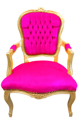 Butaca d'estil barroc Lluís XV de vellut rosa fúcsia i fusta daurada