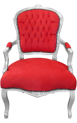 Sillón Luis XV de estilo barroco con terciopelo rojo y madera plata