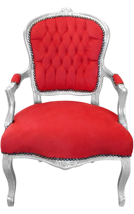 Fauteuil baroque de style Louis XV rouge et bois argent