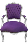 Fauteuil baroque de style Louis XV mauve et bois argent