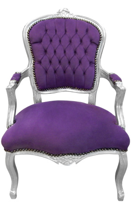 Barokkityylinen nojatuoli Ludvig XV violettia ja hopeoitua puuta