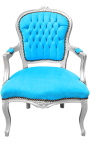 Fauteuil Louis XV de style baroque velours bleu turquoise et bois argent