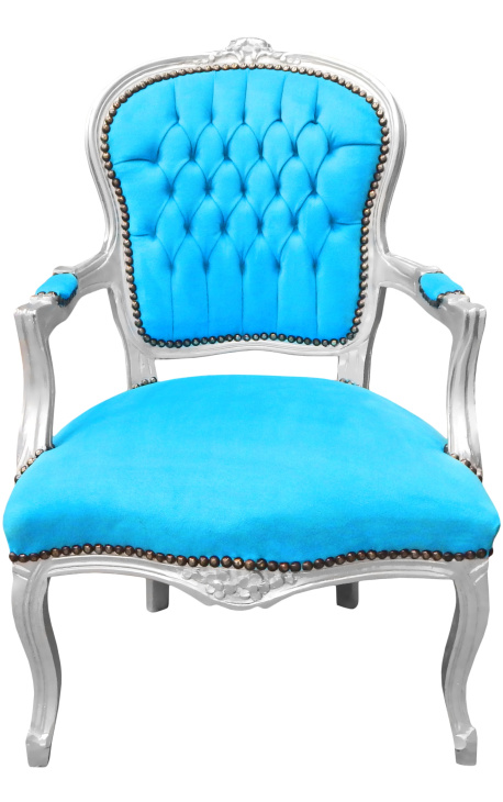 Бароков фотьойл в стил Луи XV тюркоазено синьо и посребрено дърво