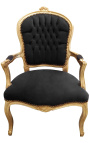 Barokke fauteuil van zwart fluweel en goud hout in Lodewijk XV-stijl