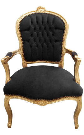 Poltrona barroca estilo Louis XV tecido de veludo preto e madeira dourada