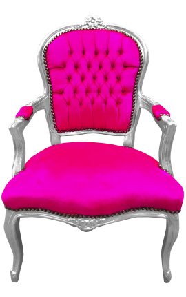 Baroque armchair of style Louis XV fuchsia and silvered wood
